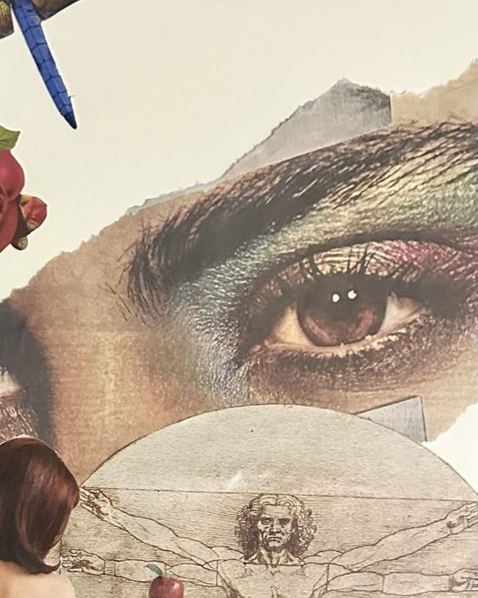 Close detail of Ana's collage Metamorphosis: a large eye above a Vitruvian figure