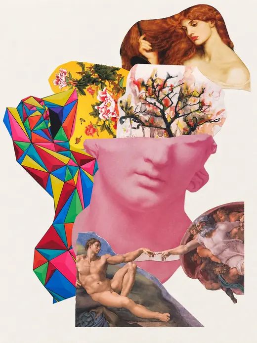 Burns & Blooms, a collage by Ana Beij: a pink classical face, Rossetti's red-haired woman, a flowering tree and Michelangelo's two hands