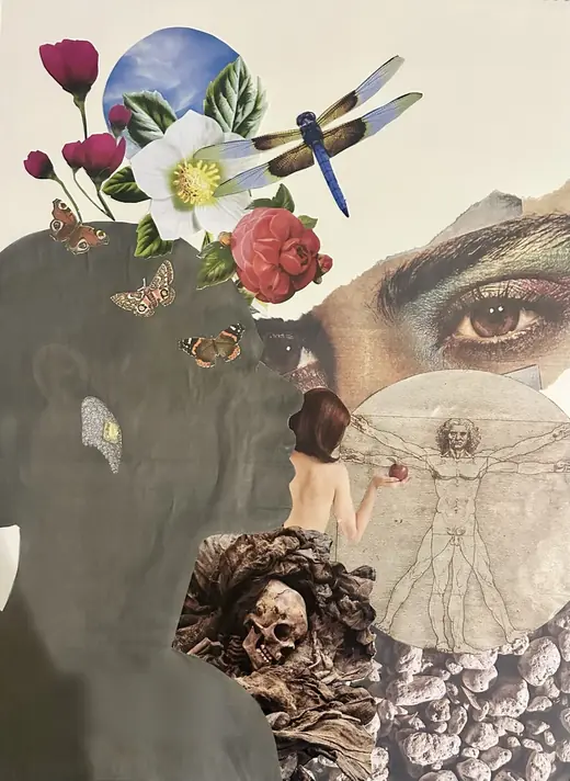 Metamorphosis, a collage by Ana Beij: a grey profile, a dragonfly, roses, a large eye, the Vitruvian man and a skull among stones