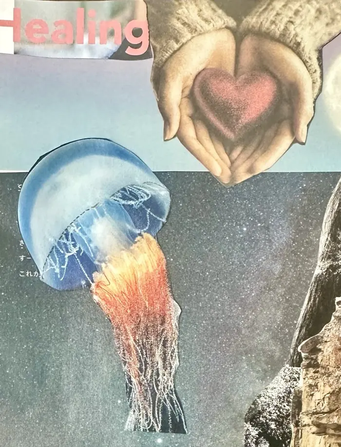 Detail of I Rest and Trust: a jellyfish below two hands holding a heart