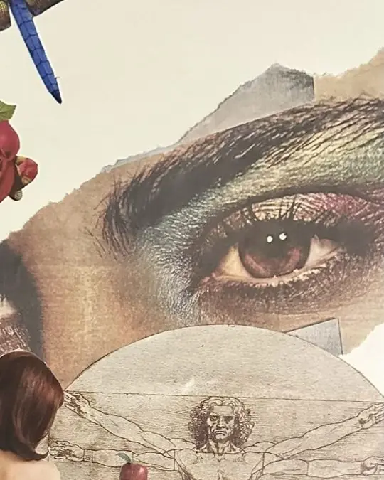 Close detail of Ana's collage Metamorphosis: a large eye