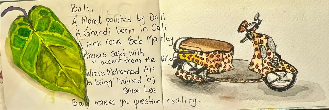 A page from Ana's Bali sketchbook: a watercolor leaf, a leopard-print scooter and a handwritten poem about Bali